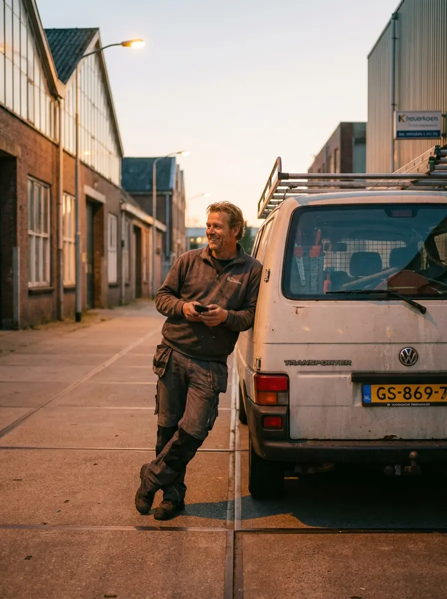Vakman leunt tegen zijn bestelbus bij zonsondergang, telefoon in de hand