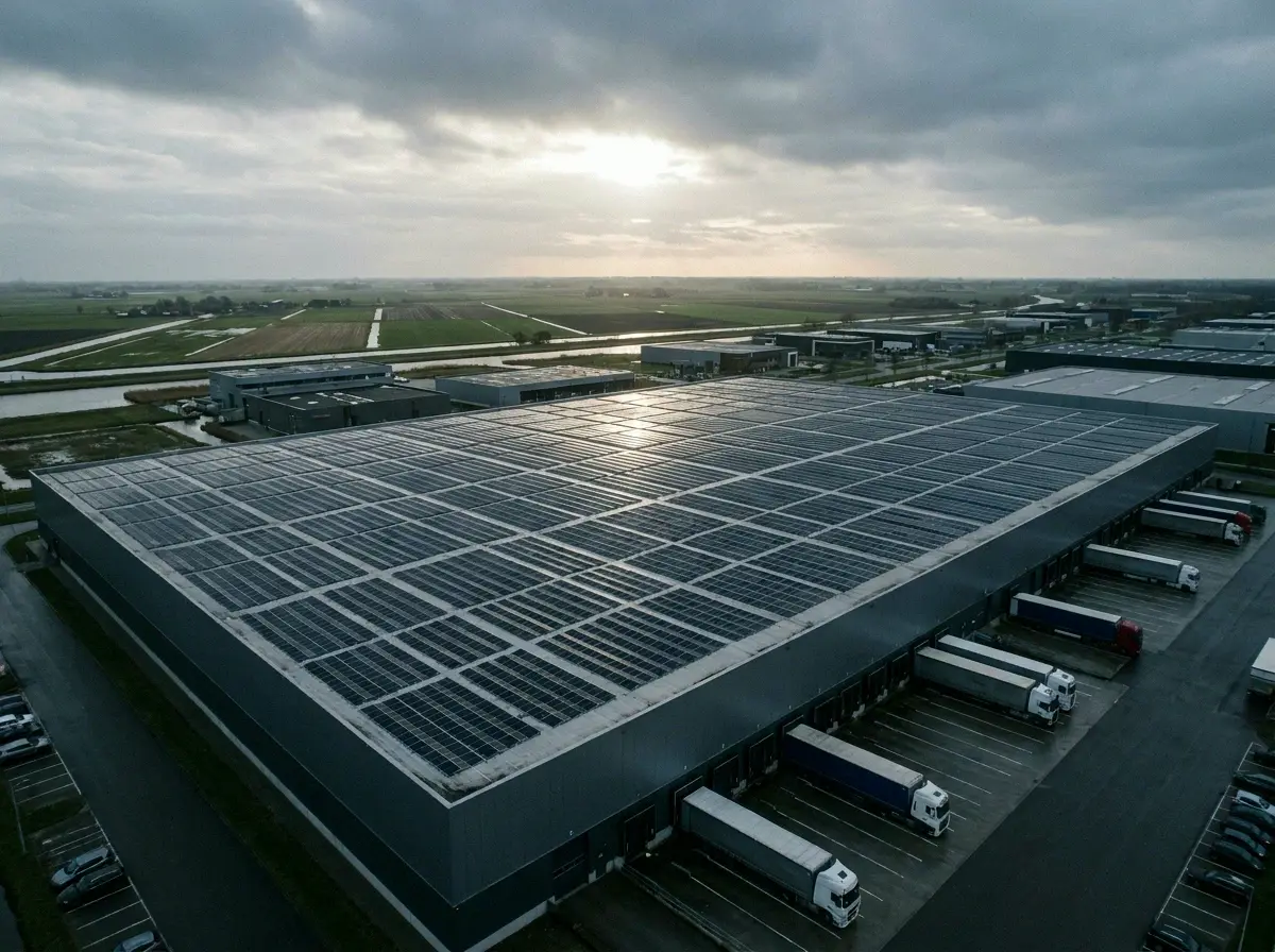 Luchtfoto van een bedrijfshal met het dak volledig belegd met zwarte zonnepanelen