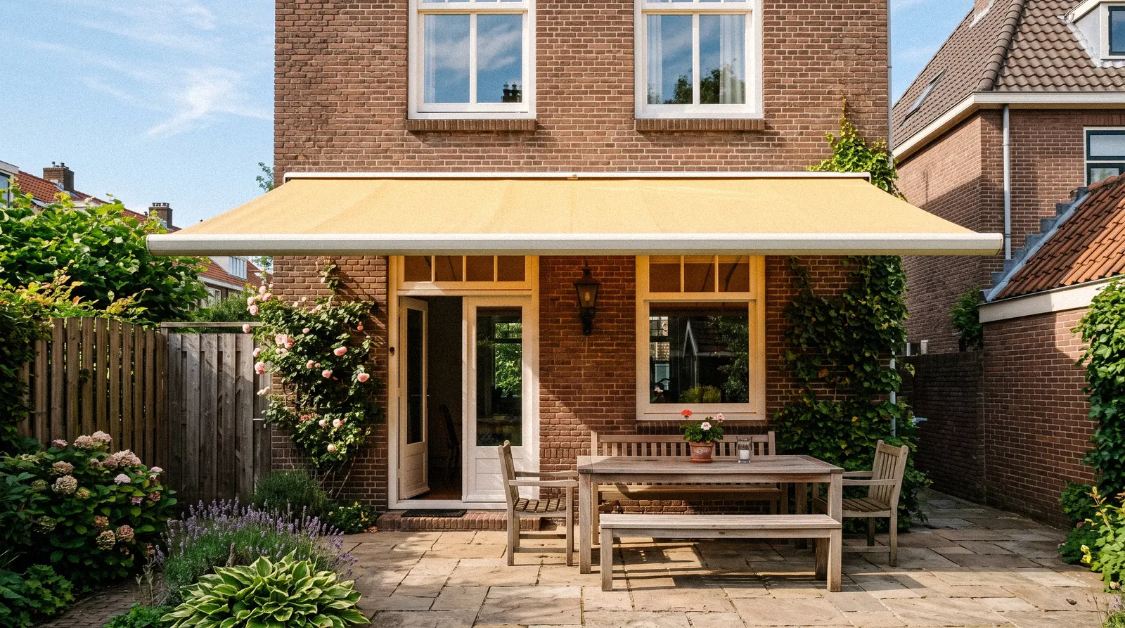 Okergeel knikarmscherm boven een terras aan de achtergevel (sfeerbeeld)