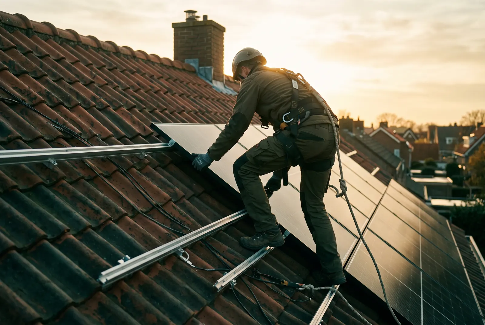 Zonnepanelen op het dak in vol zonlicht