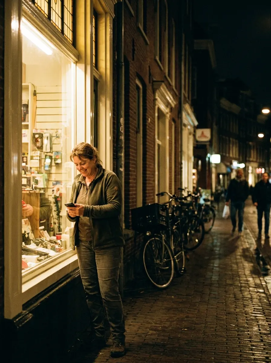 Winkelierster kijkt 's avonds tevreden op haar telefoon in haar verlichte etalage