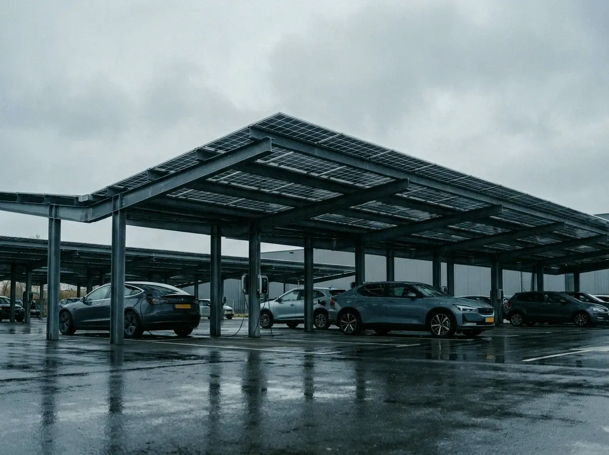 Parkeerdak met zwarte glazen zonnepanelen boven ladende auto's