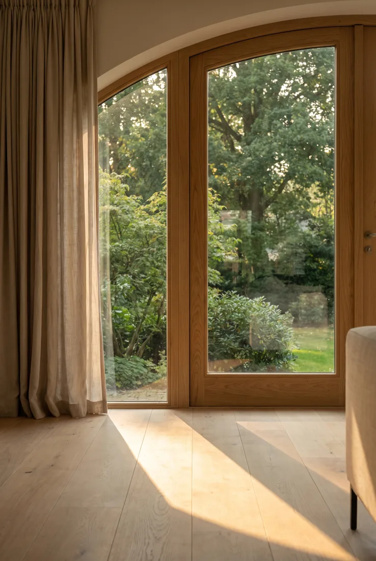 Woonkamer met eiken houten tuindeur in ochtendlicht