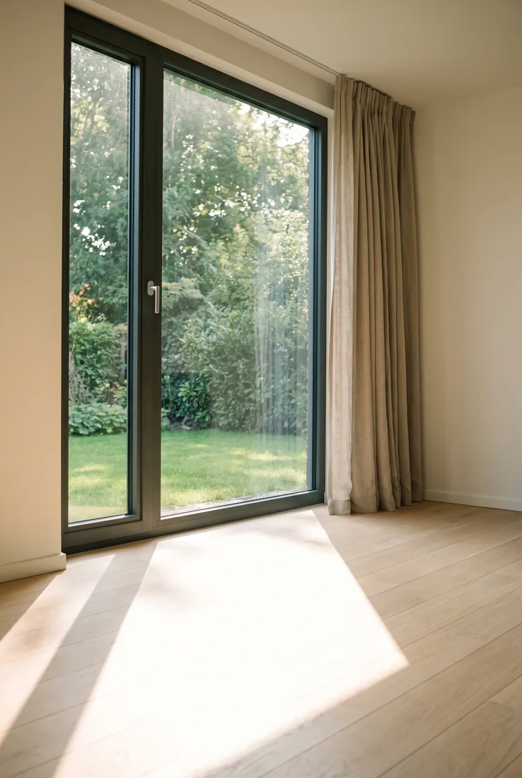 Woonkamer met slanke antraciet aluminium schuifpui in ochtendlicht
