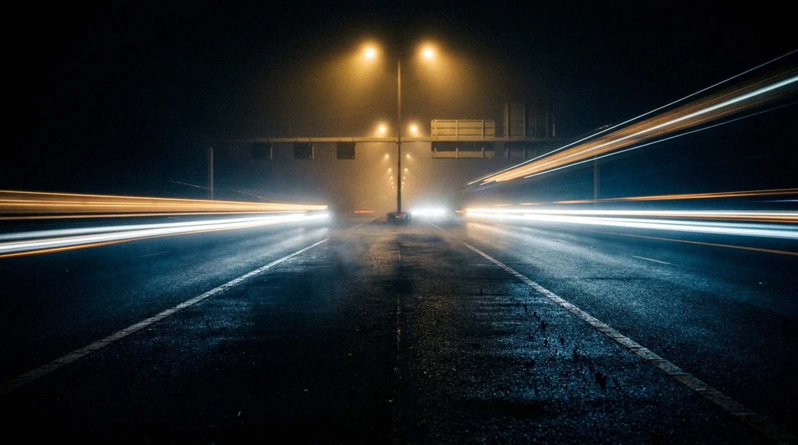 Lege natte snelweg bij nacht met lange lichtstrepen