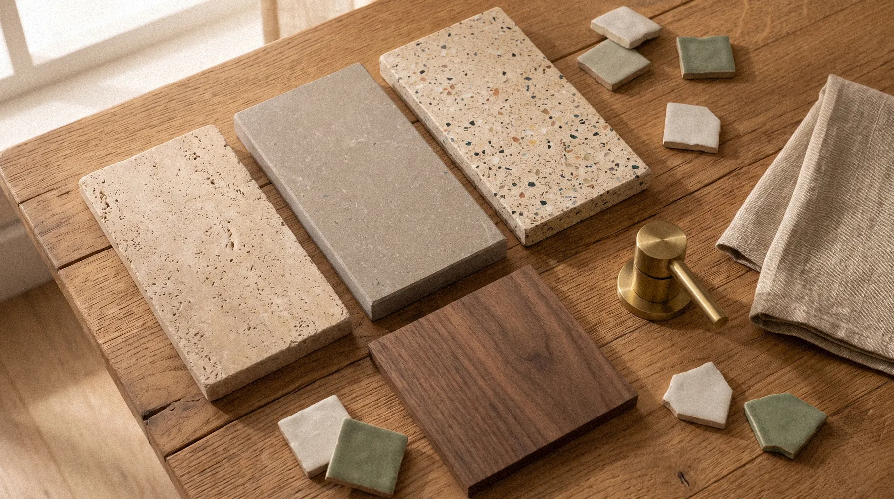 Stalen van tegels, hout, messing en linnen op een eiken tafel, met een opgerolde plattegrond