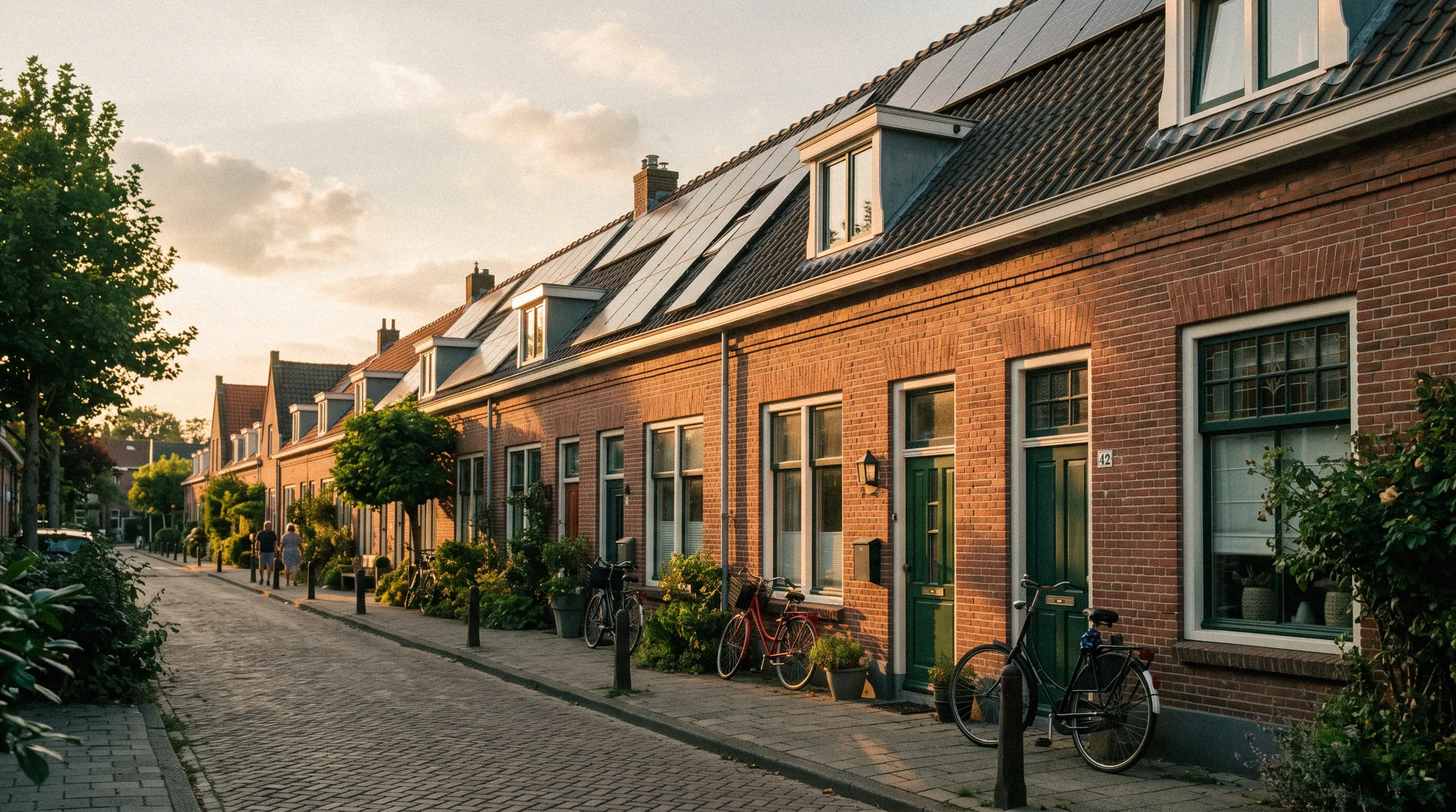Nederlandse straat met zonnepanelen in ochtendlicht