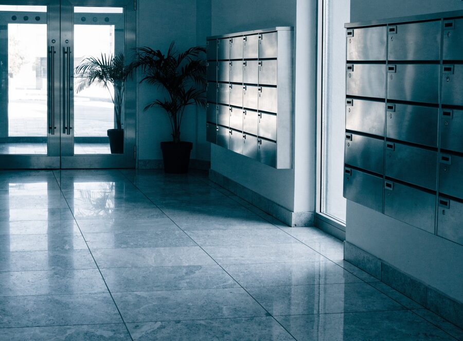 Lobby and mailboxes of a Miami residential building