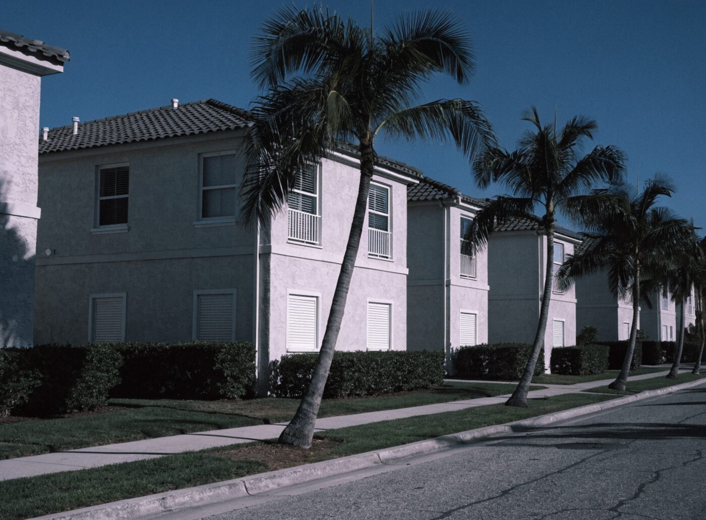 A residential street of townhouses in Doral, Florida