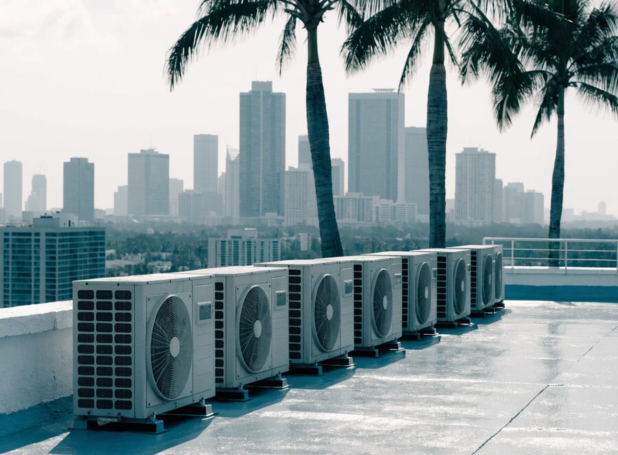 Air conditioning units on the rooftop of a Miami building