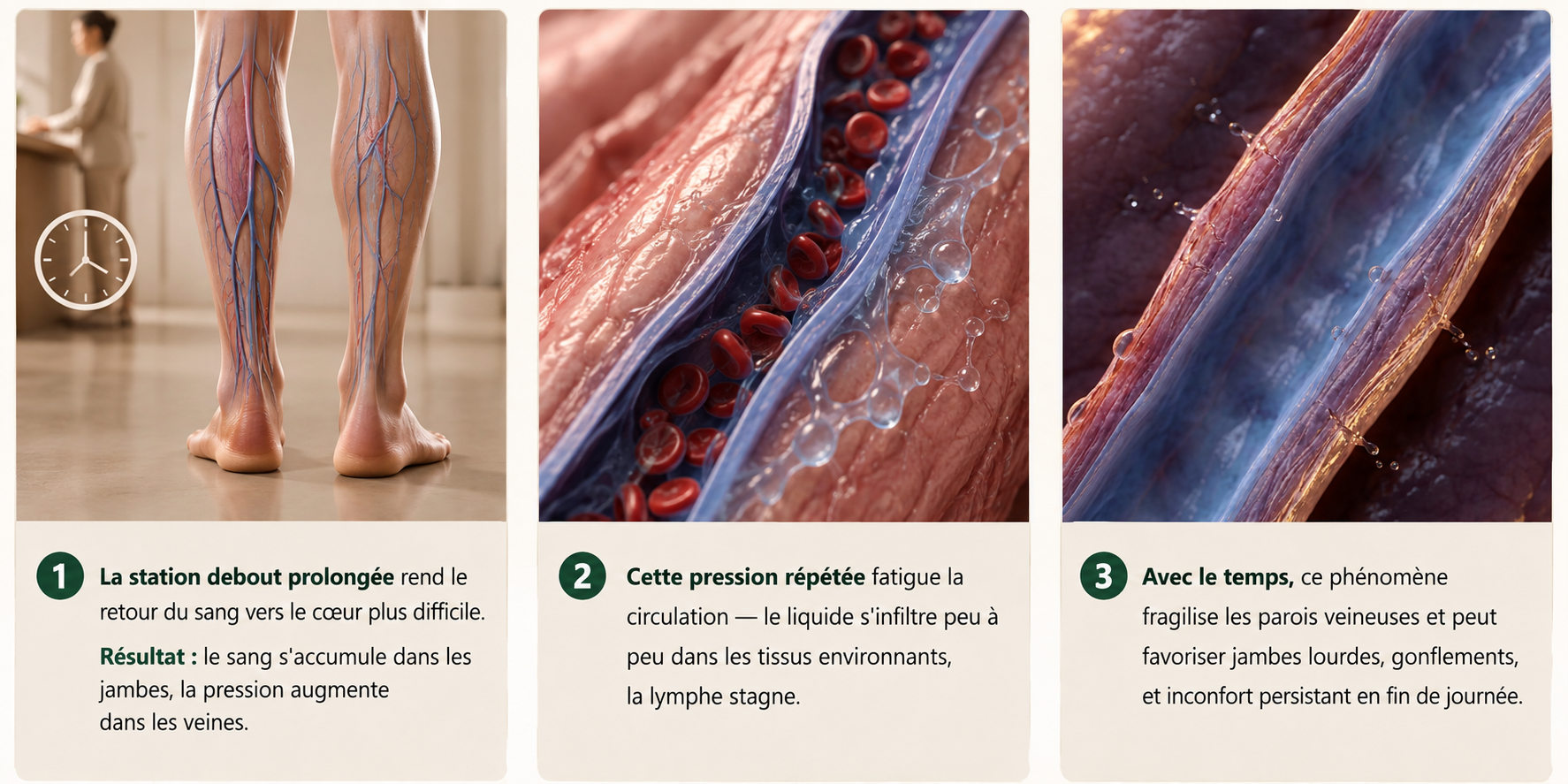 Les 3 étapes : station debout prolongée, pression qui fatigue la circulation, parois veineuses fragilisées
