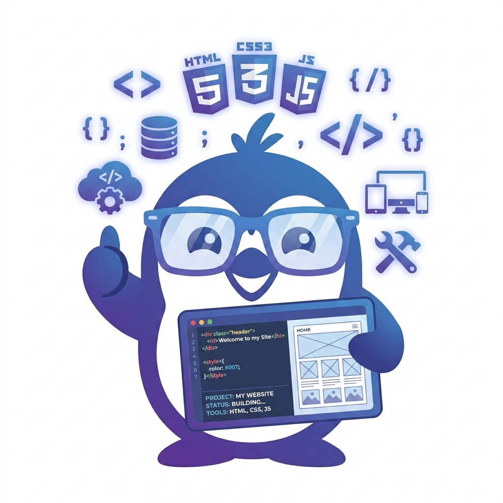Poppy Penguin holding a tablet showing website code and a live page preview