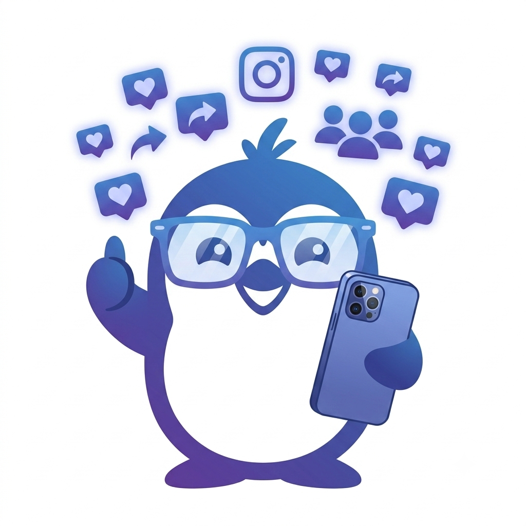 Poppy Penguin holding a phone surrounded by social media likes, shares and follower icons