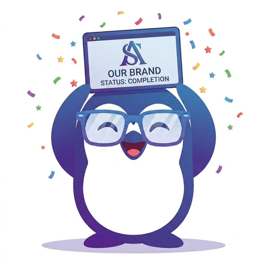Poppy Penguin holding up a screen showing a finished brand logo with confetti