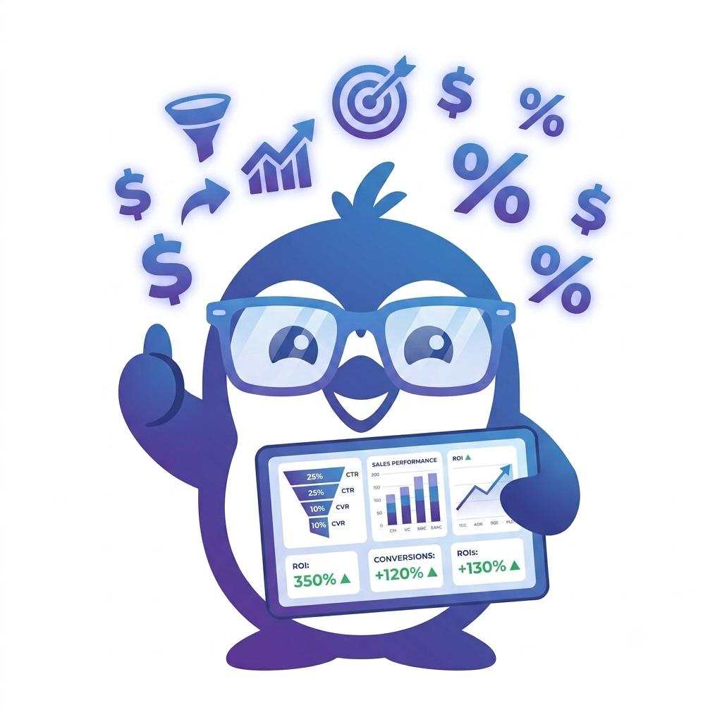 Poppy Penguin holding a performance dashboard with ROI, conversions and sales charts