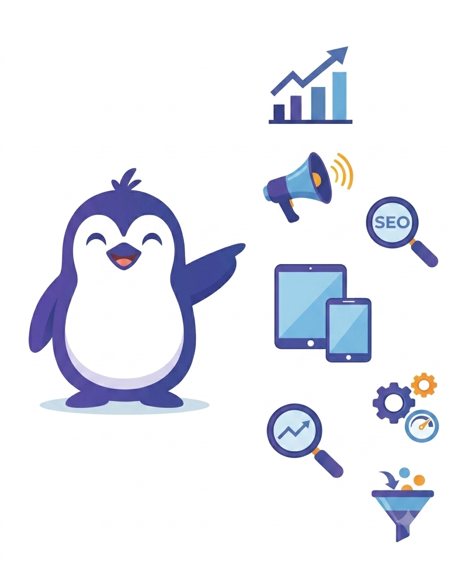 Poppy Penguin surrounded by growth, marketing, SEO and device icons