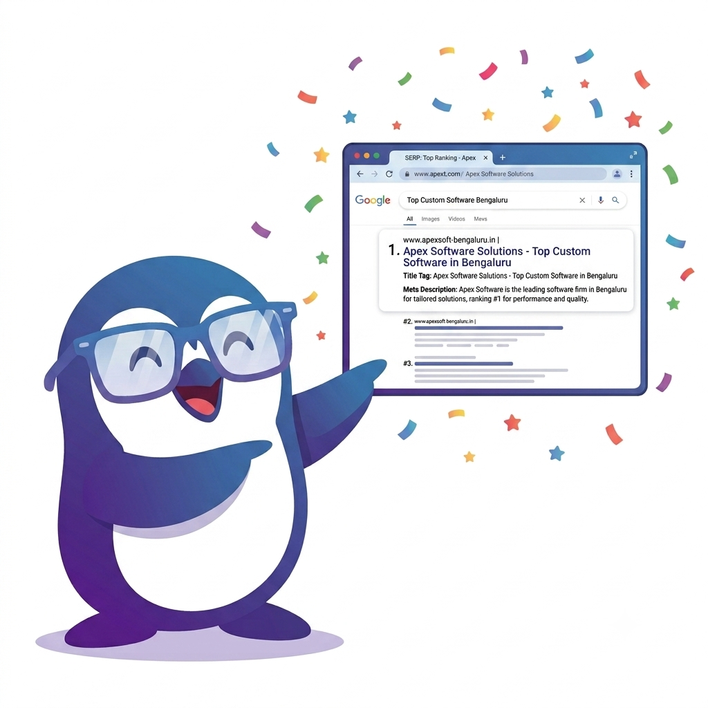 Poppy Penguin pointing at a number-one search ranking result page