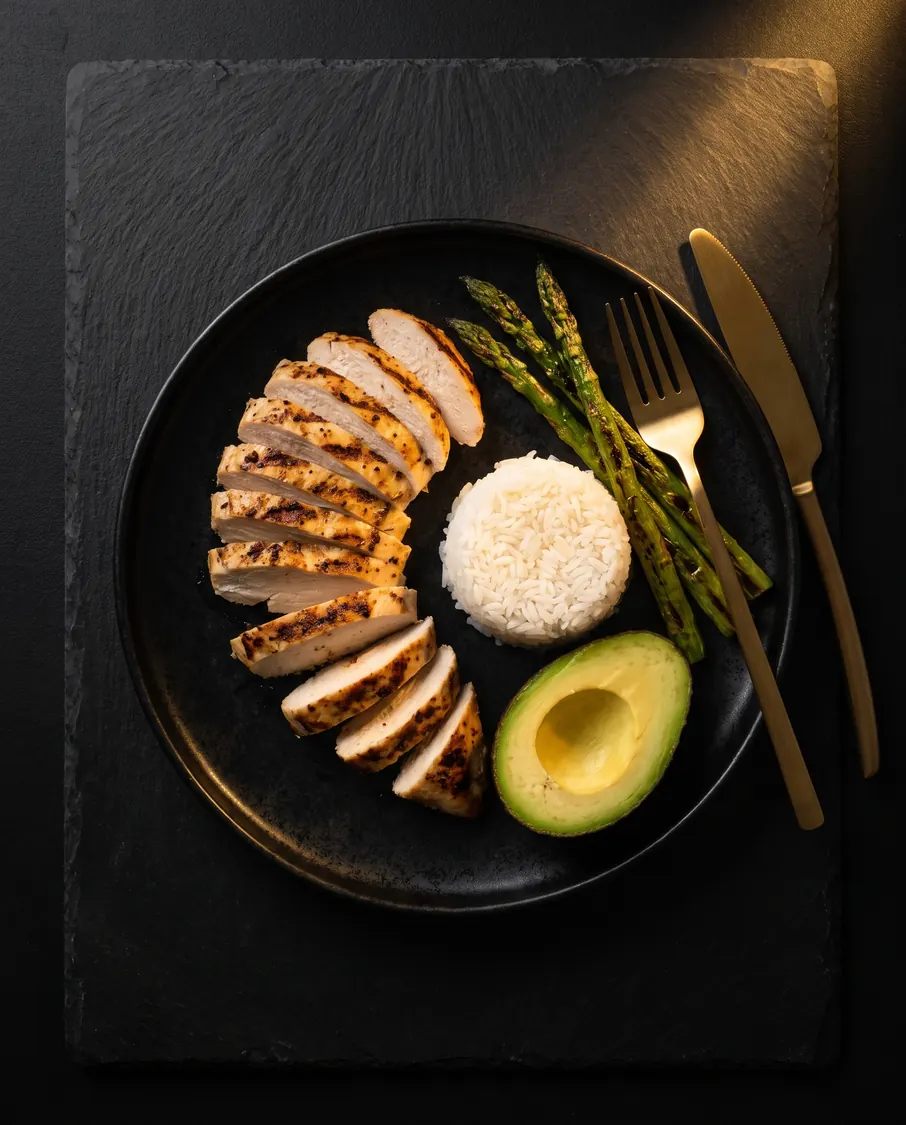 Grilled chicken, rice and greens on black slate