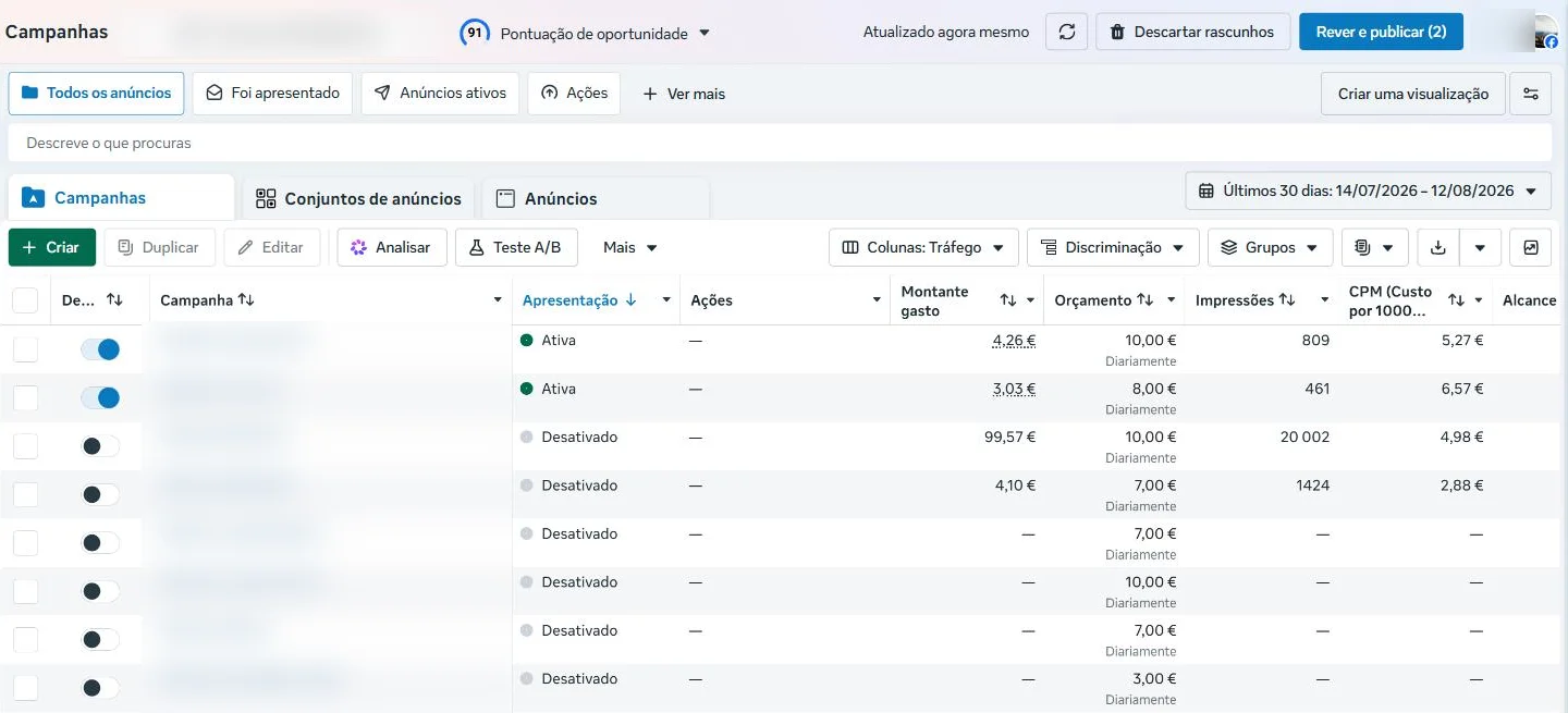 Gestor de Anúncios real com as campanhas do cliente
