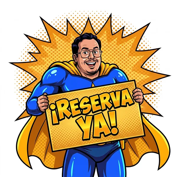 Super Limpiador sosteniendo un cartel de ¡Reserva ya!