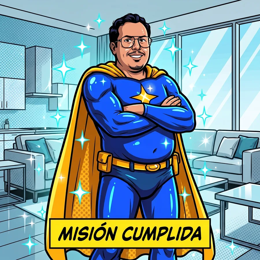 Super Limpiador de brazos cruzados frente a una sala impecable: misión cumplida