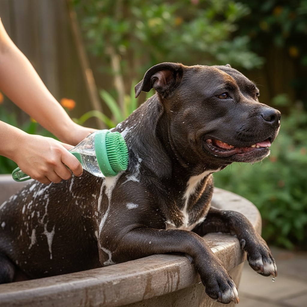 Black dog outdoor bath