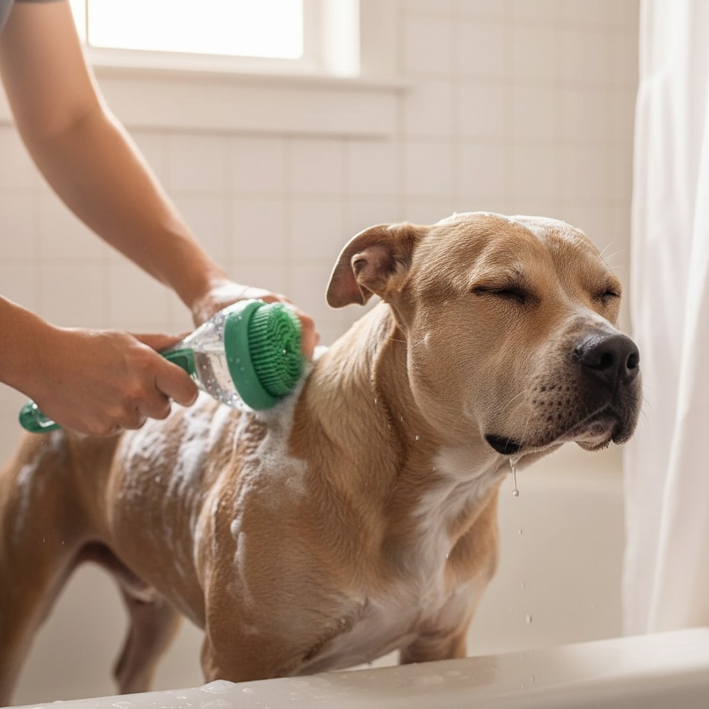 Pet owner gently bathing a pitbull dog using the PawBrush Pro silicone bath brush with shampoo dispenser