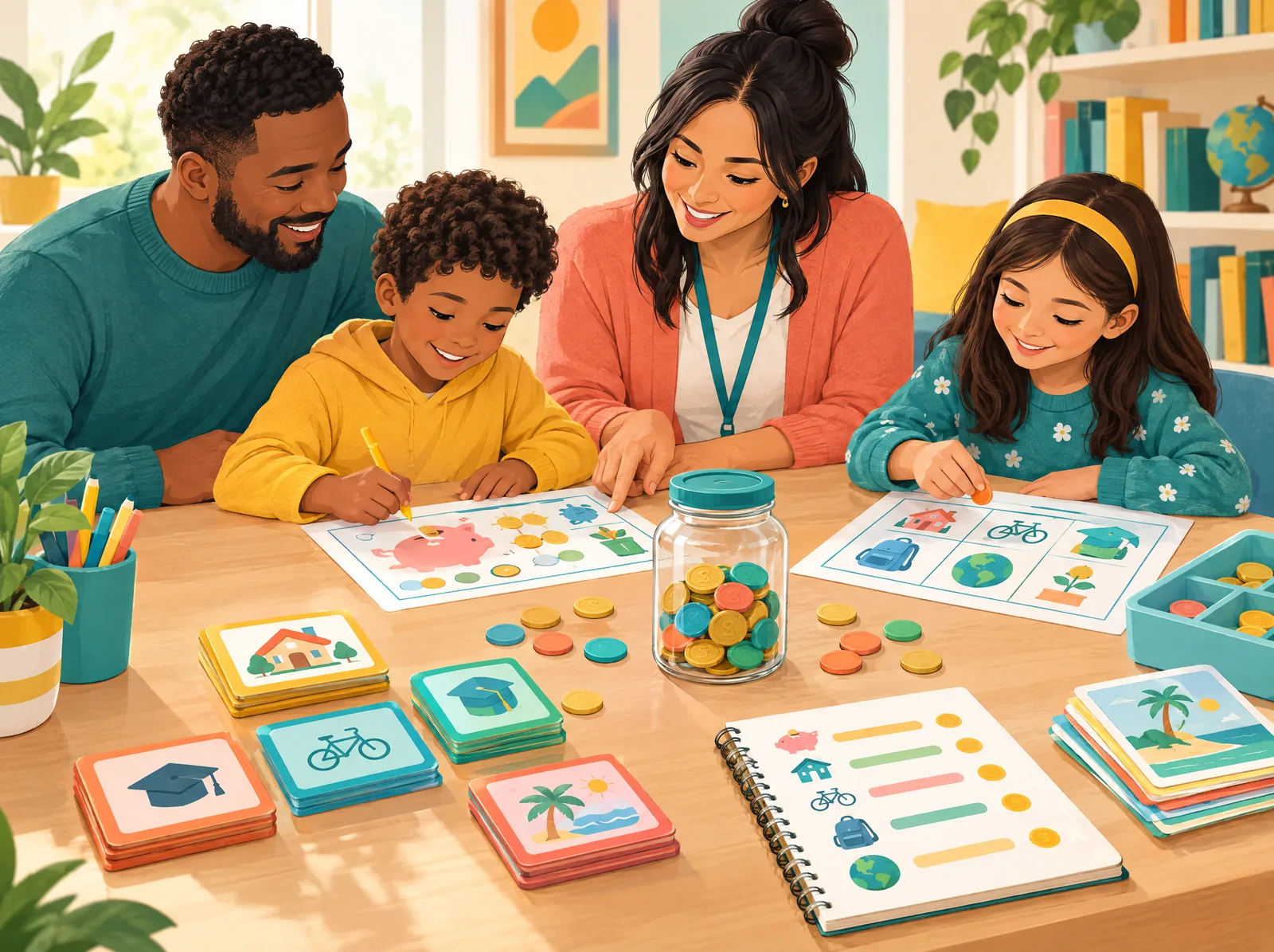 Family and educator using colorful financial literacy activities with children