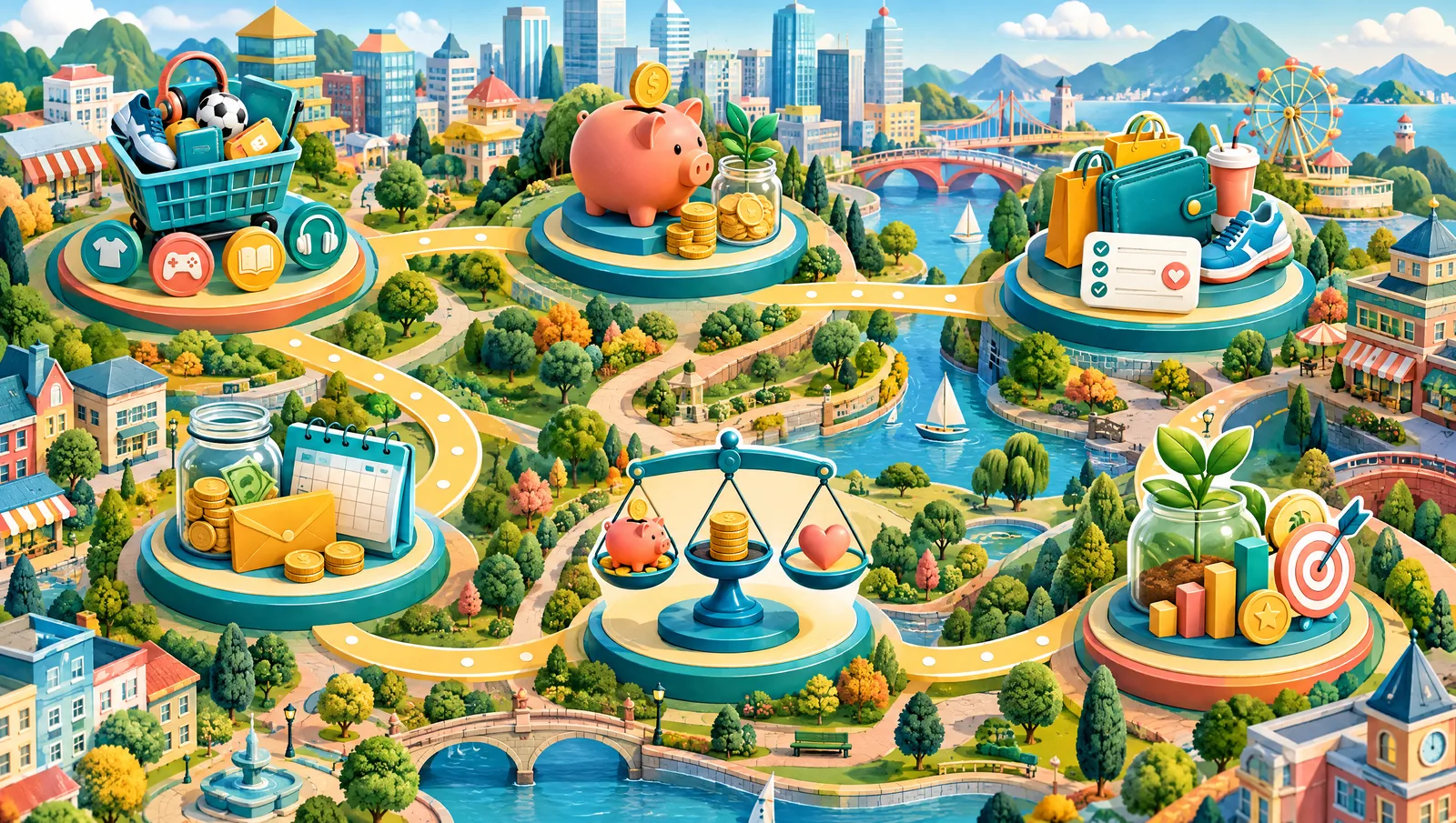 Illustrated MINIWEALT learning trail connecting six money-skill waypoints