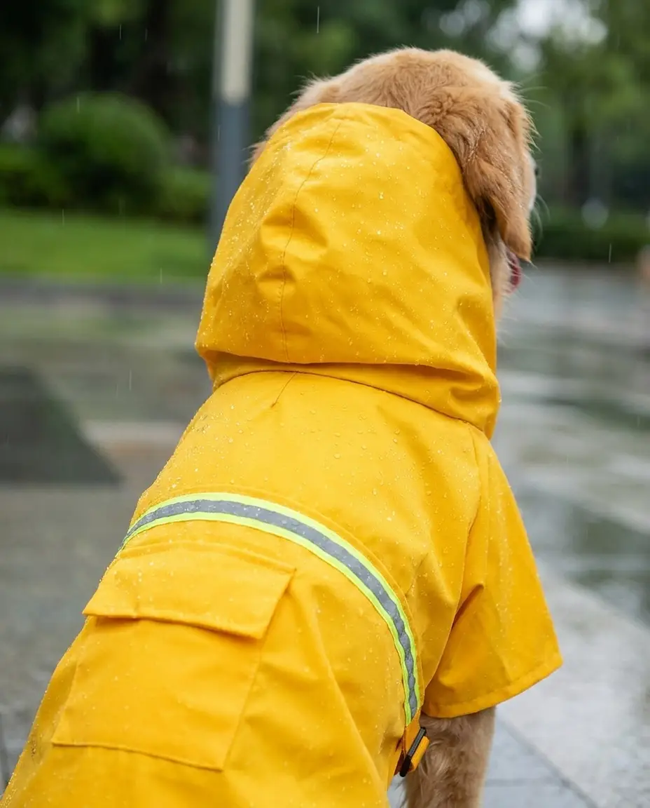 Golden Retriever walking in the rain in yellow raincoat