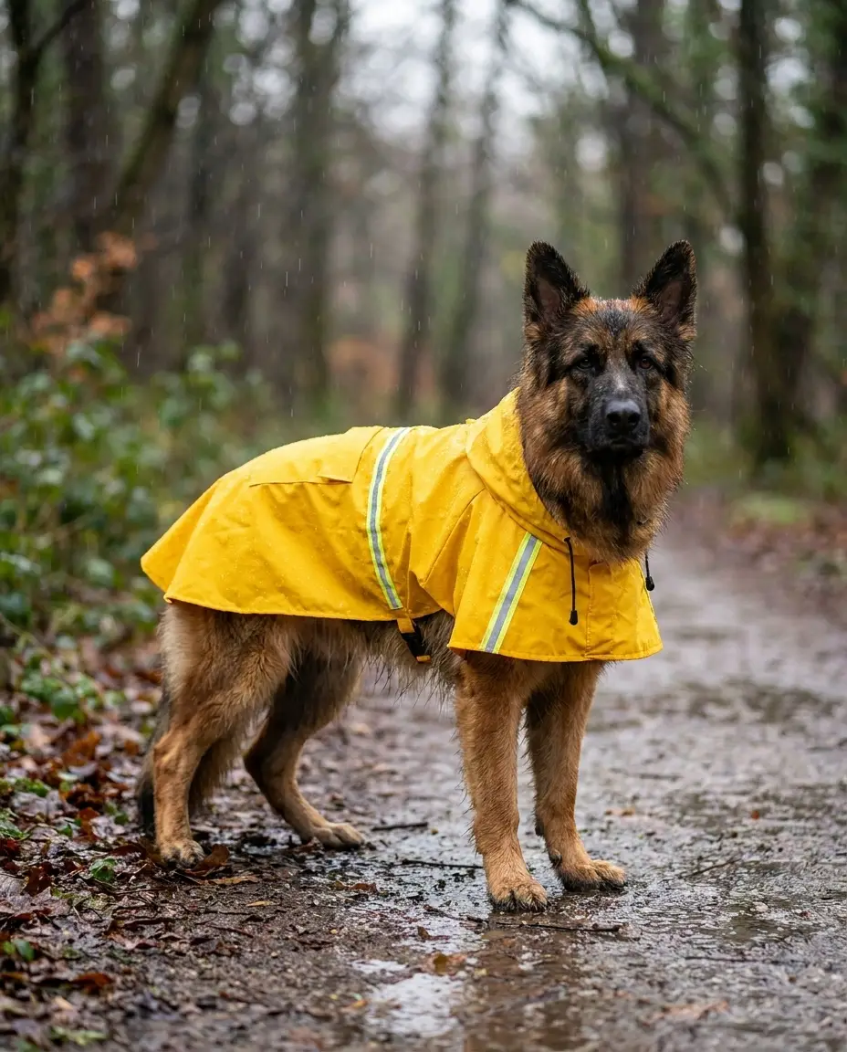 German Shepherd in yellow raincoat