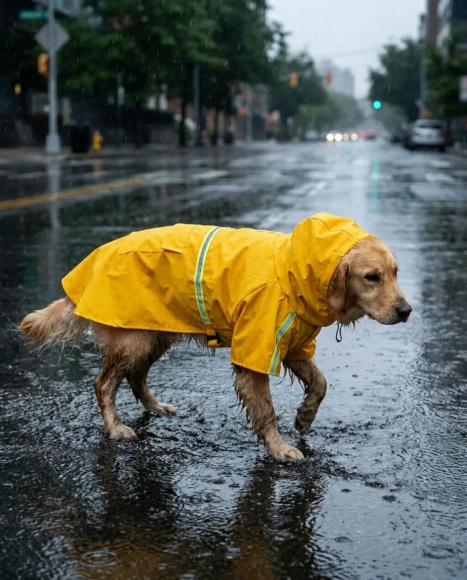Golden Retriever in yellow raincoat
