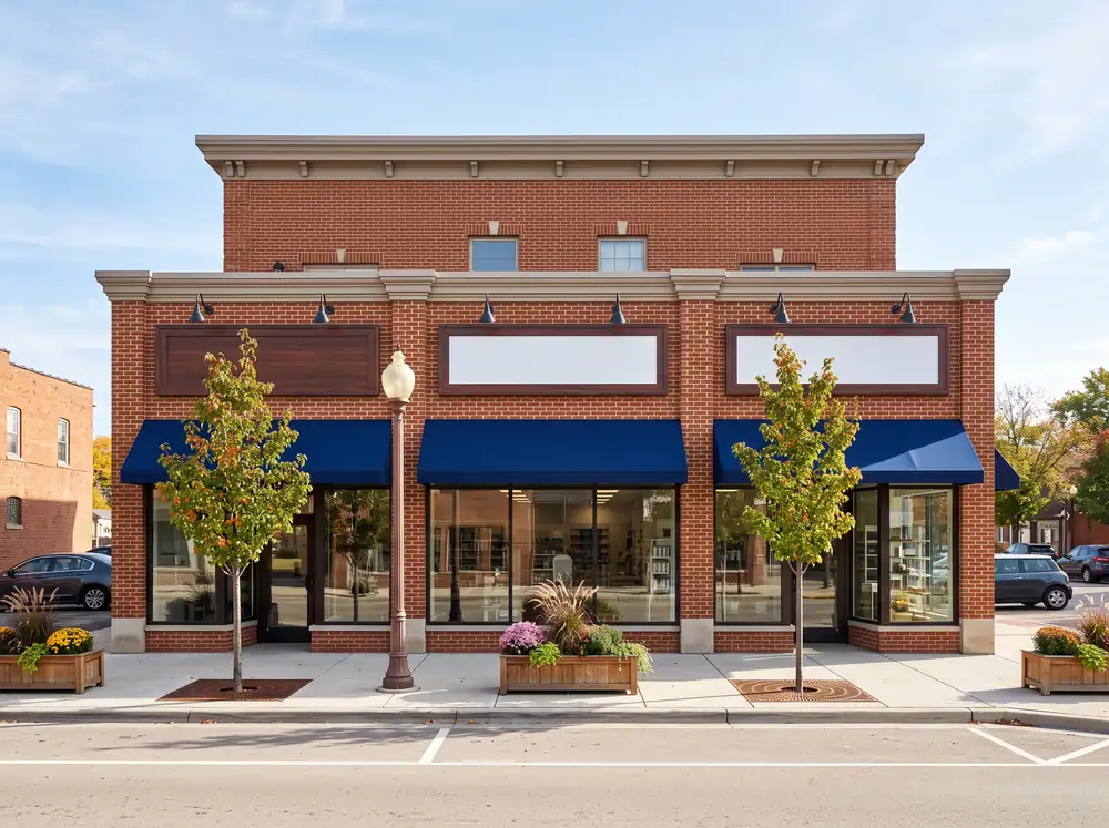 Brick commercial retail building with large storefront windows