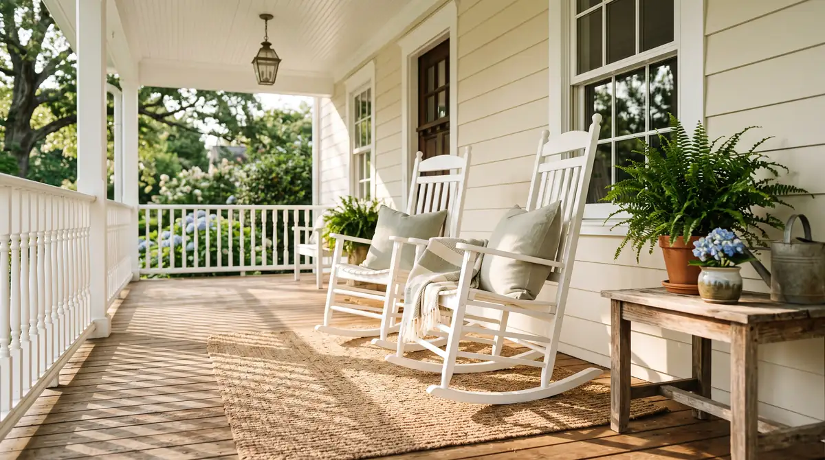 A front porch with rocking chairs and potted ferns in morning light