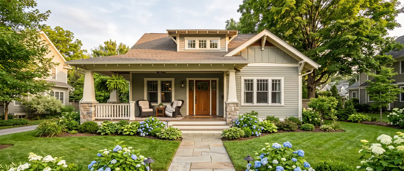 A welcoming home with a wide covered front porch on a tree-lined street
