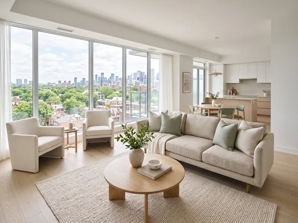 Bright modern condominium living space with floor-to-ceiling windows
