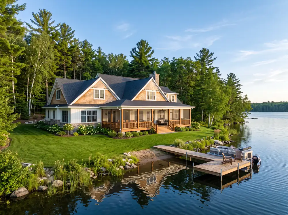 Lakefront home with a screened wraparound porch and dock