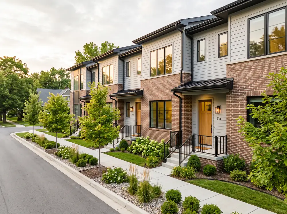 Row of modern townhomes with private entry porches