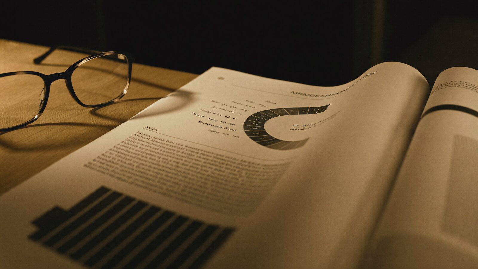 Acoustic sound-study report with a frequency-spectrum chart on a desk under lamp light