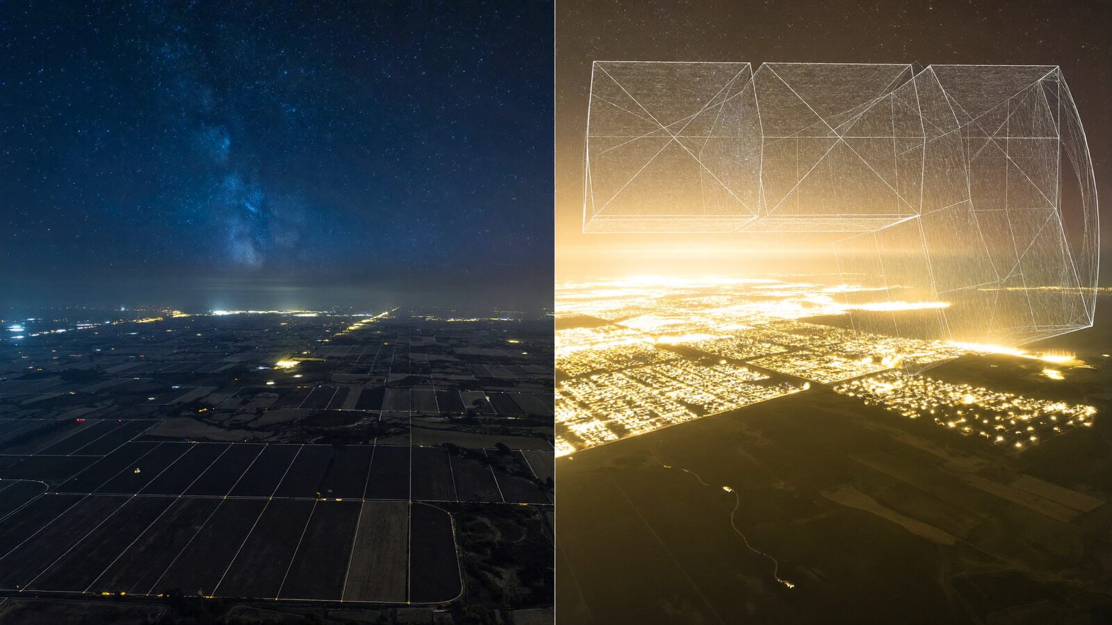 Aerial night view split between a star-filled dark sky over farmland and the washed-out skyglow of a data-center campus