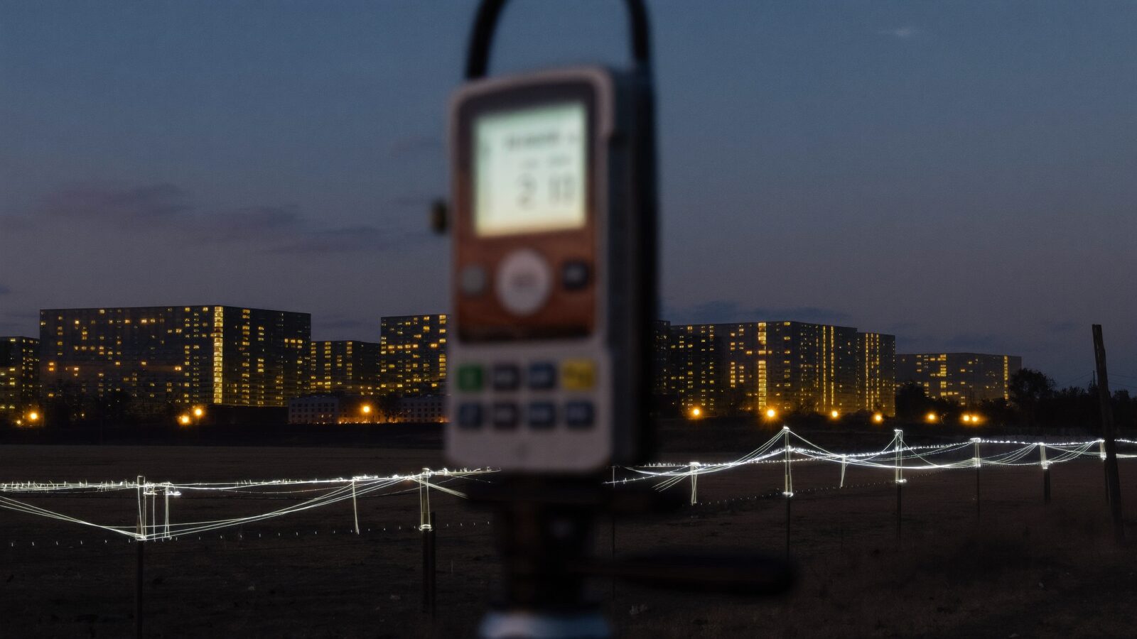 Sound-level meter on a tripod at a rural property-line fence at dusk, a data-center glow in the background