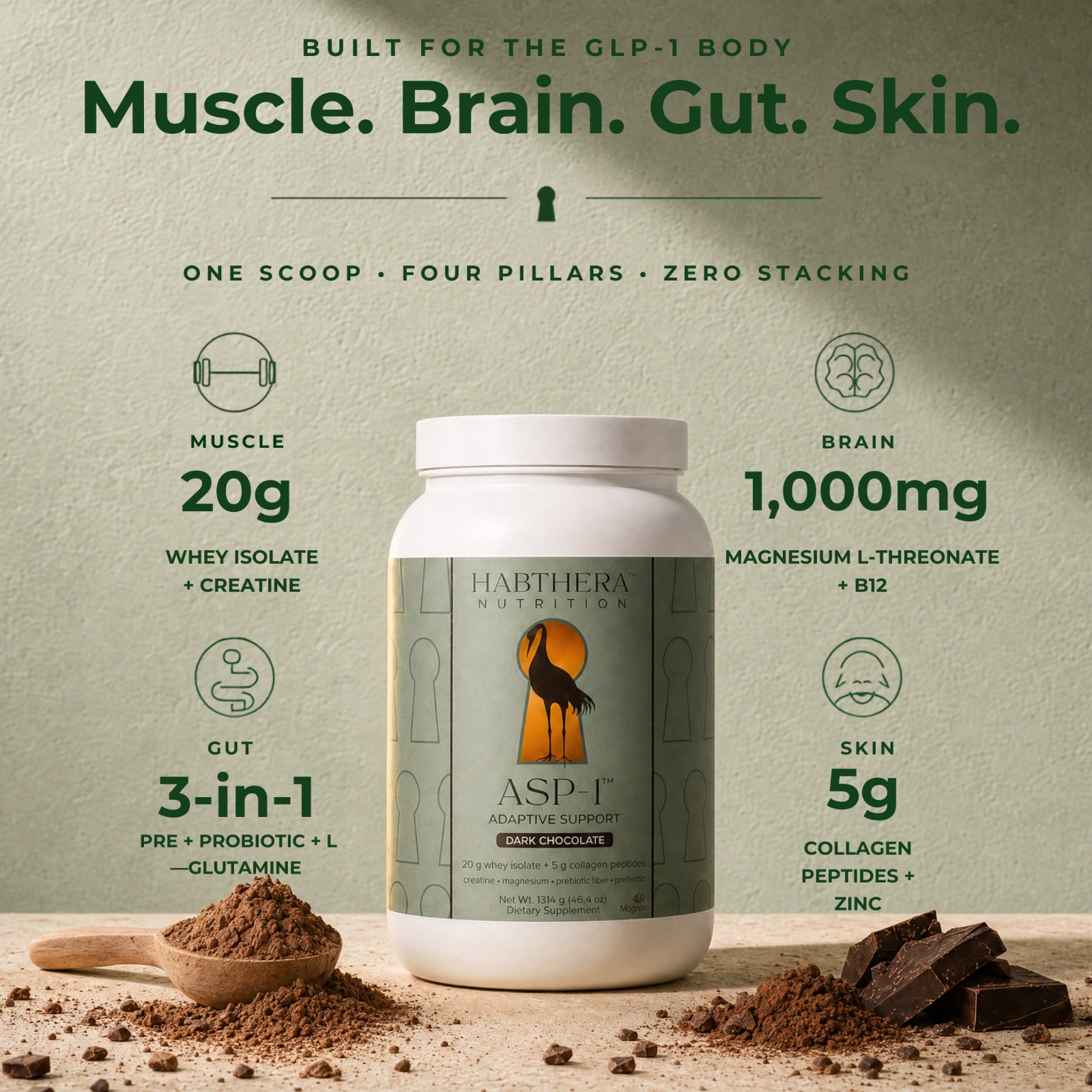 ASP-1 infographic: one scoop, four pillars — muscle, brain, gut, skin