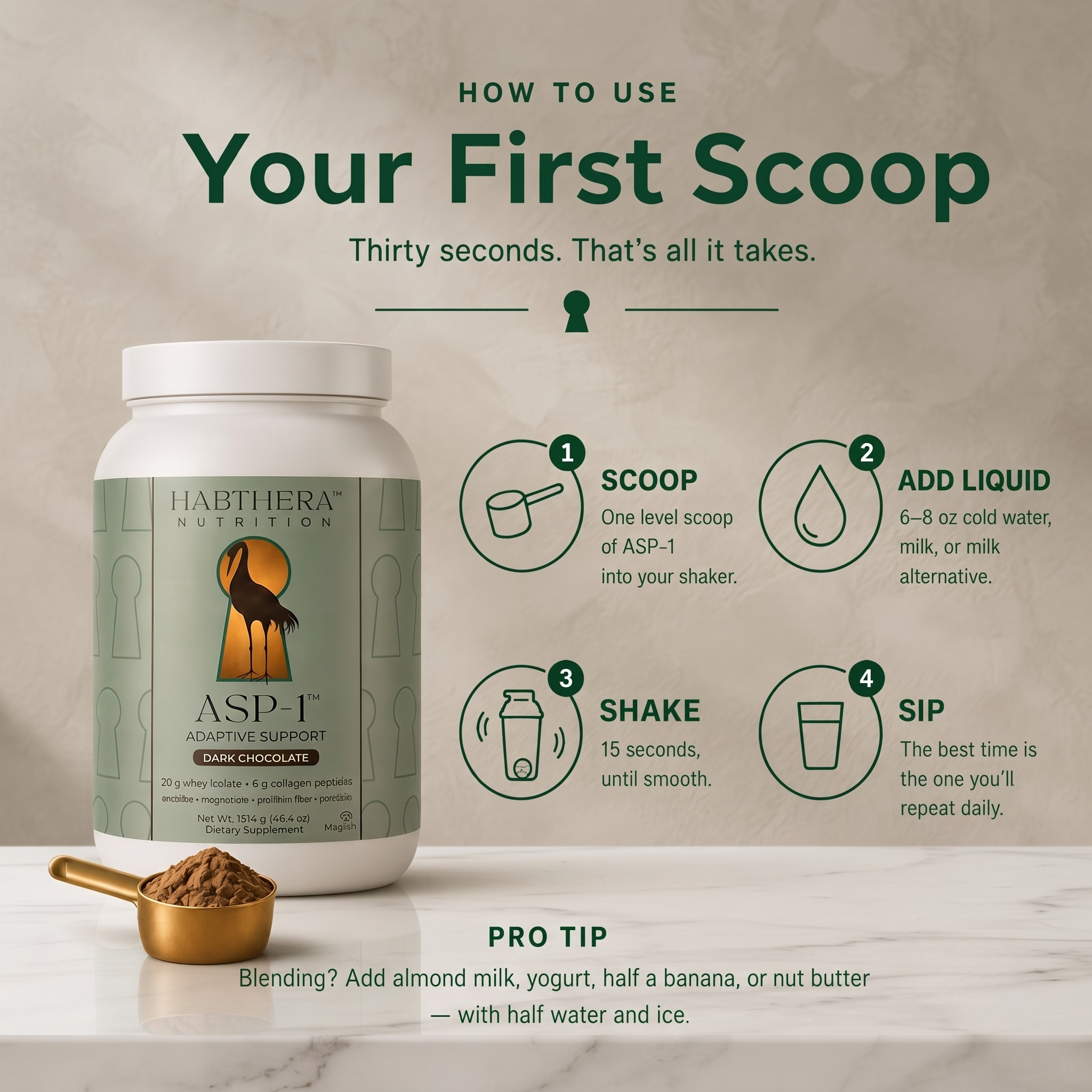 How to use ASP-1: one scoop, add liquid, shake 15 seconds, sip