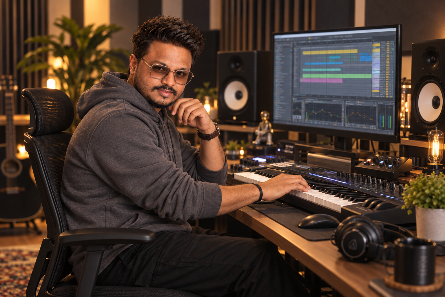 Sagar Kadam producing music in a slate hoodie