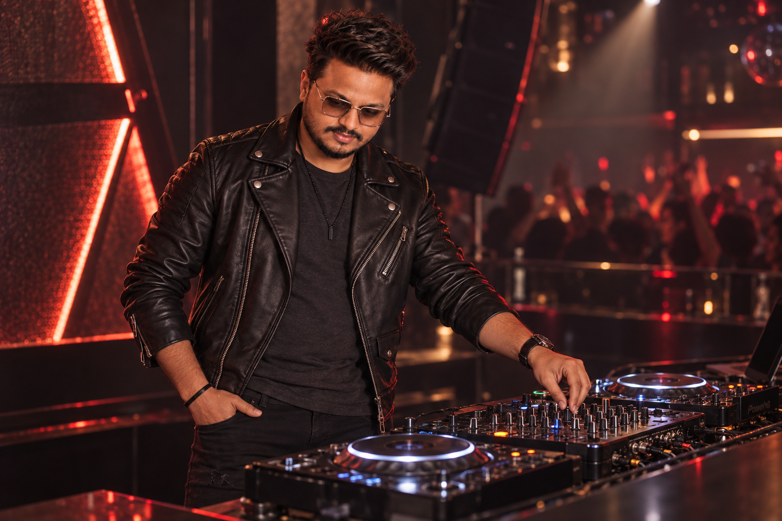 Sagar Kadam performing in a black leather DJ outfit