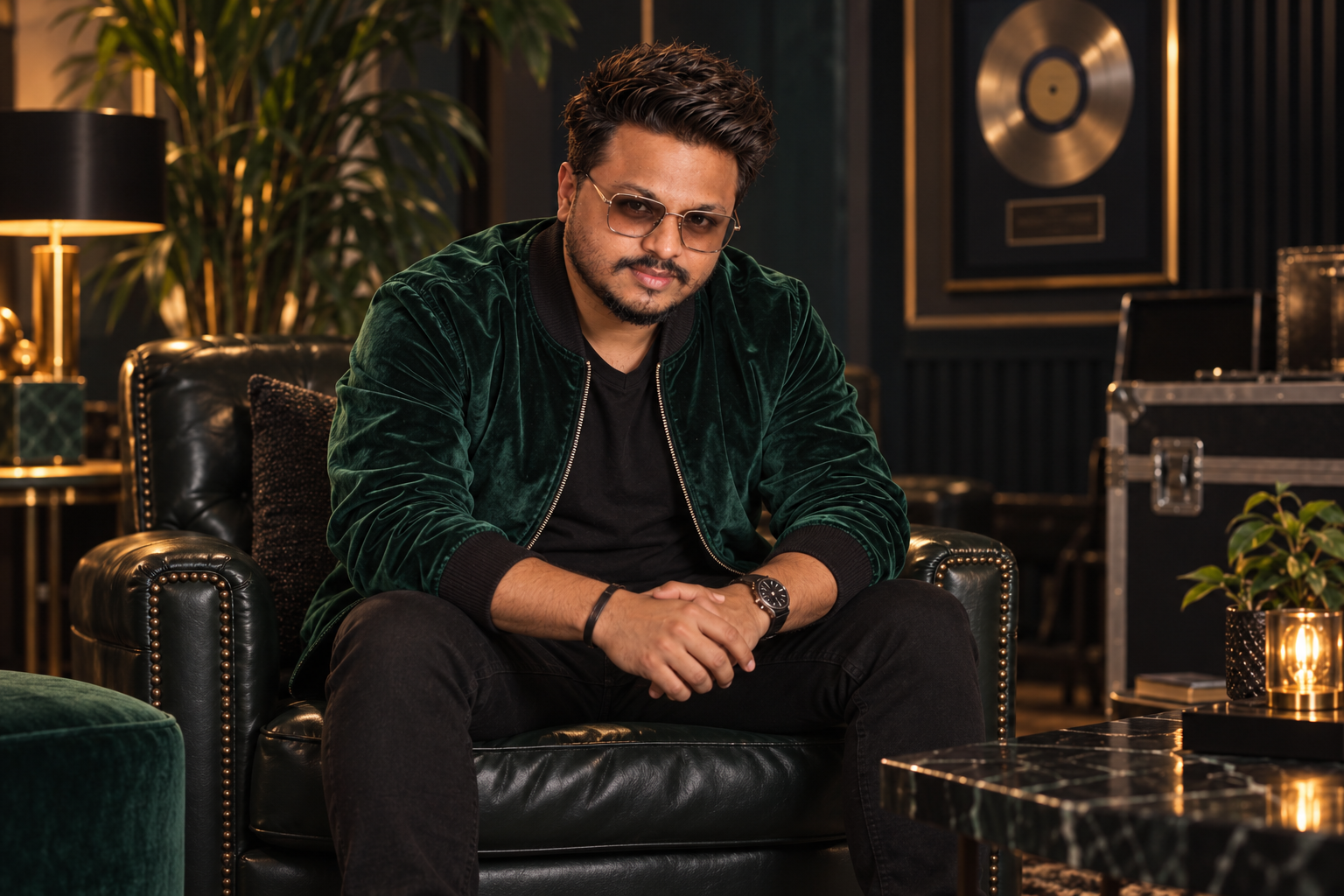 Sagar Kadam seated in an emerald velvet jacket