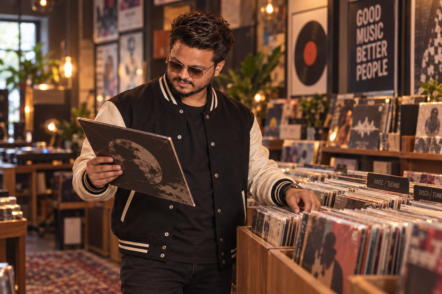Sagar Kadam browsing records in a varsity jacket