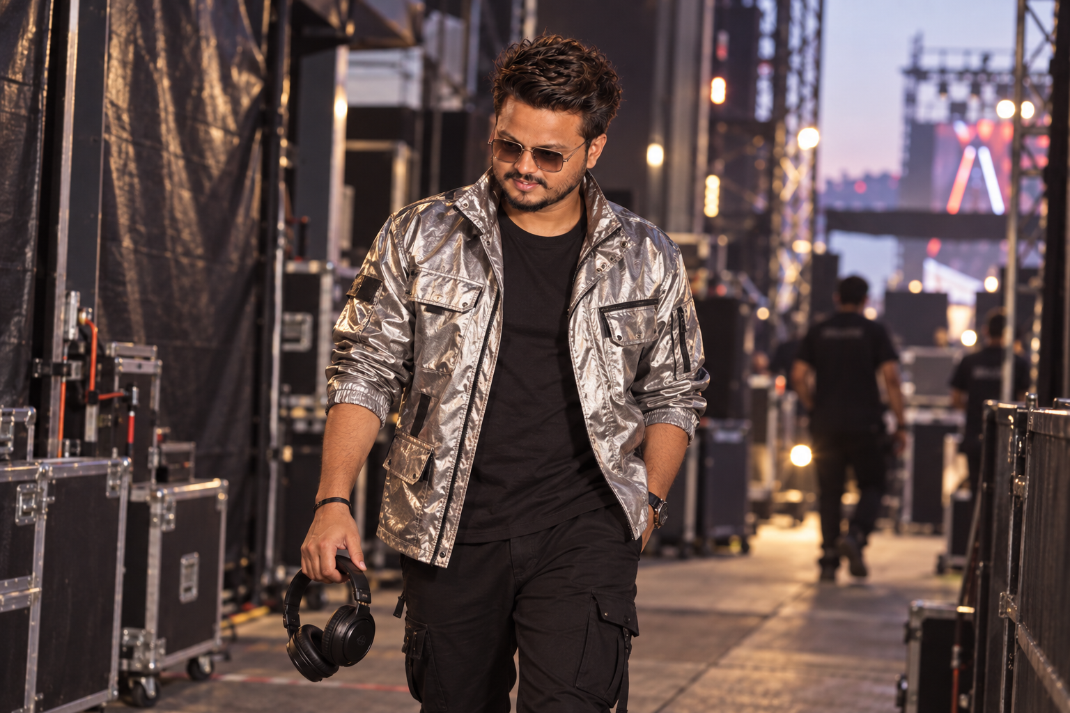 Sagar Kadam walking backstage in a silver jacket