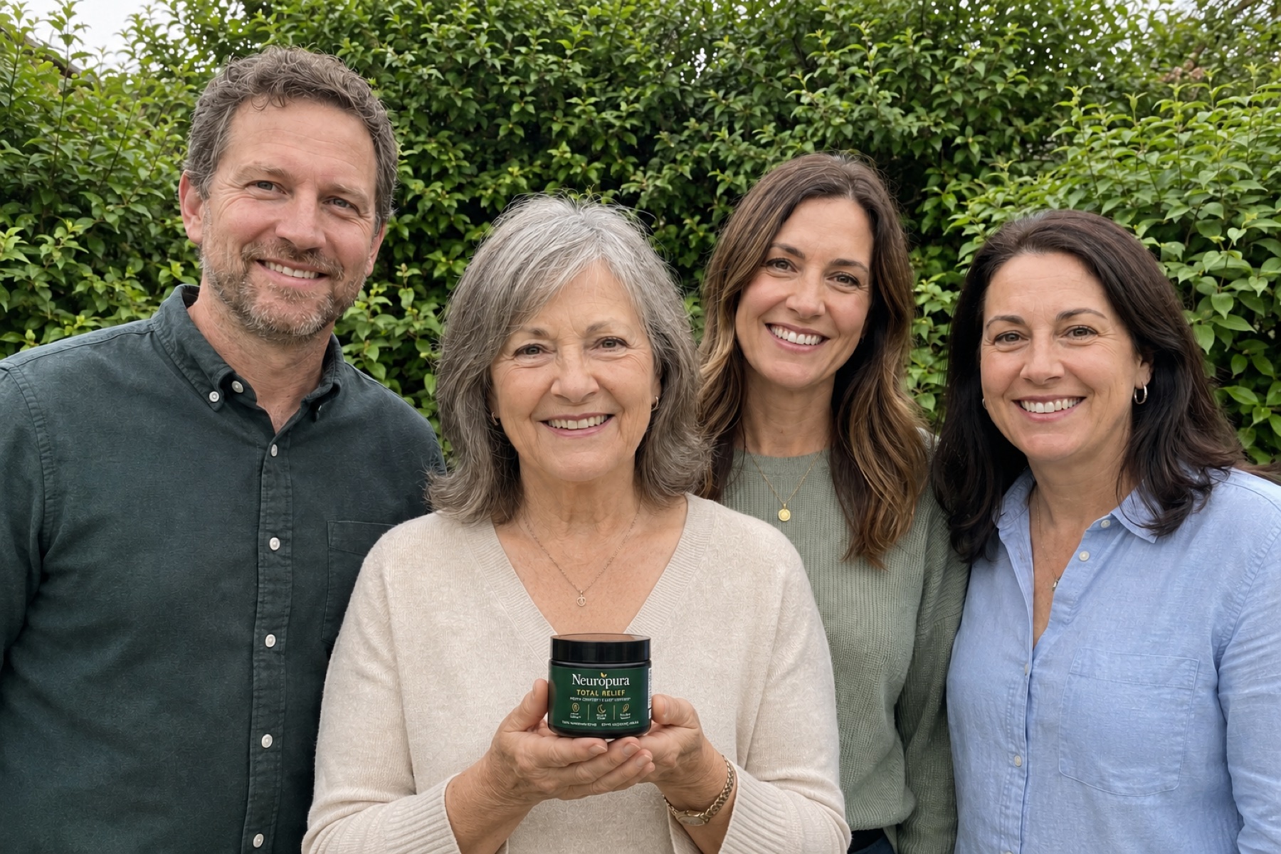 Maria, founder of Neuropura, holding Total Relief with her family