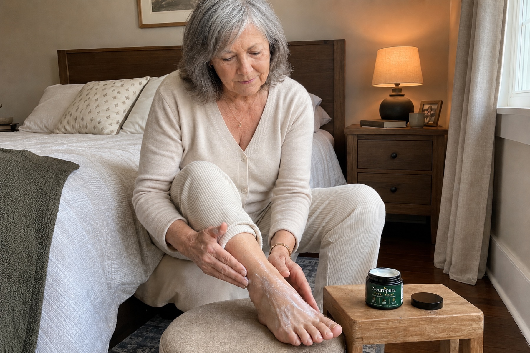 Maria applying Neuropura Total Relief cream to her own lower leg before bed
